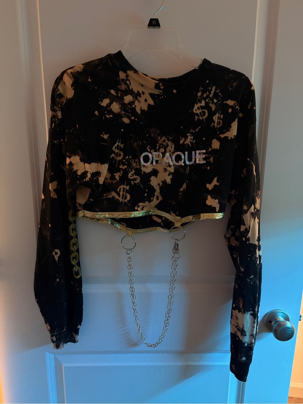 Opaque Black & Tan Bleach-Effect Cropped Chain Long-Sleeve Top